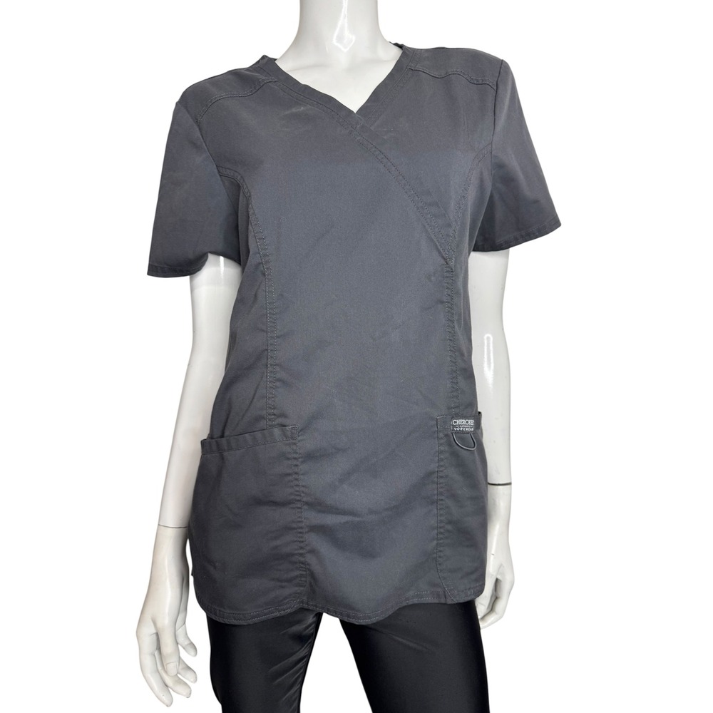 Cherokee Workwear Womens Charcoal Grey Mock Wrap Scrub Top V-Neck Size Medium